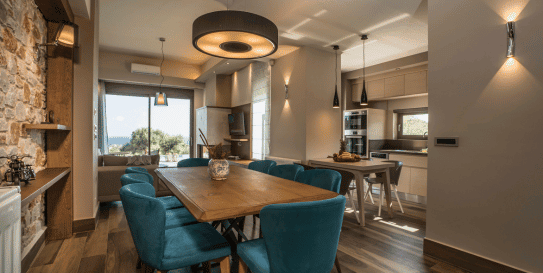 Modern luxury at Villa Aphroditi – Stylish interior with panoramic views, ideal for Airbnb and vacation rentals.