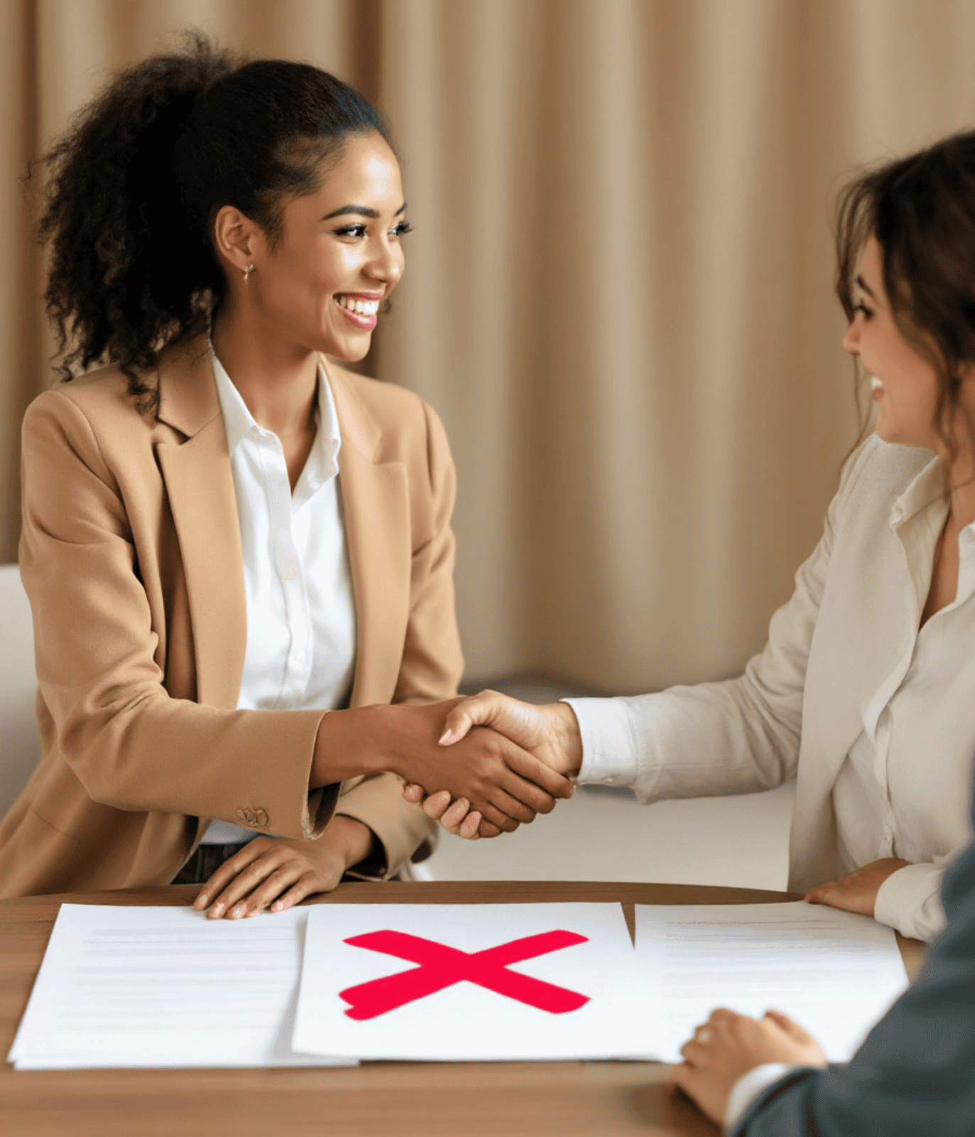 Two women shaking hands to represent flexible vacation rental contract termination with Hostezy.